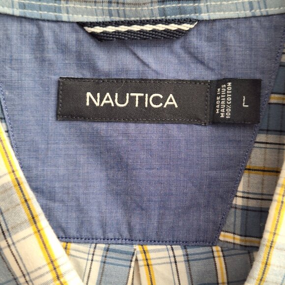 Nautica Men’s Cotton Short Sleeve Button Down Blue and Yellow Plaid Shirt Size L - Picture 5 of 8